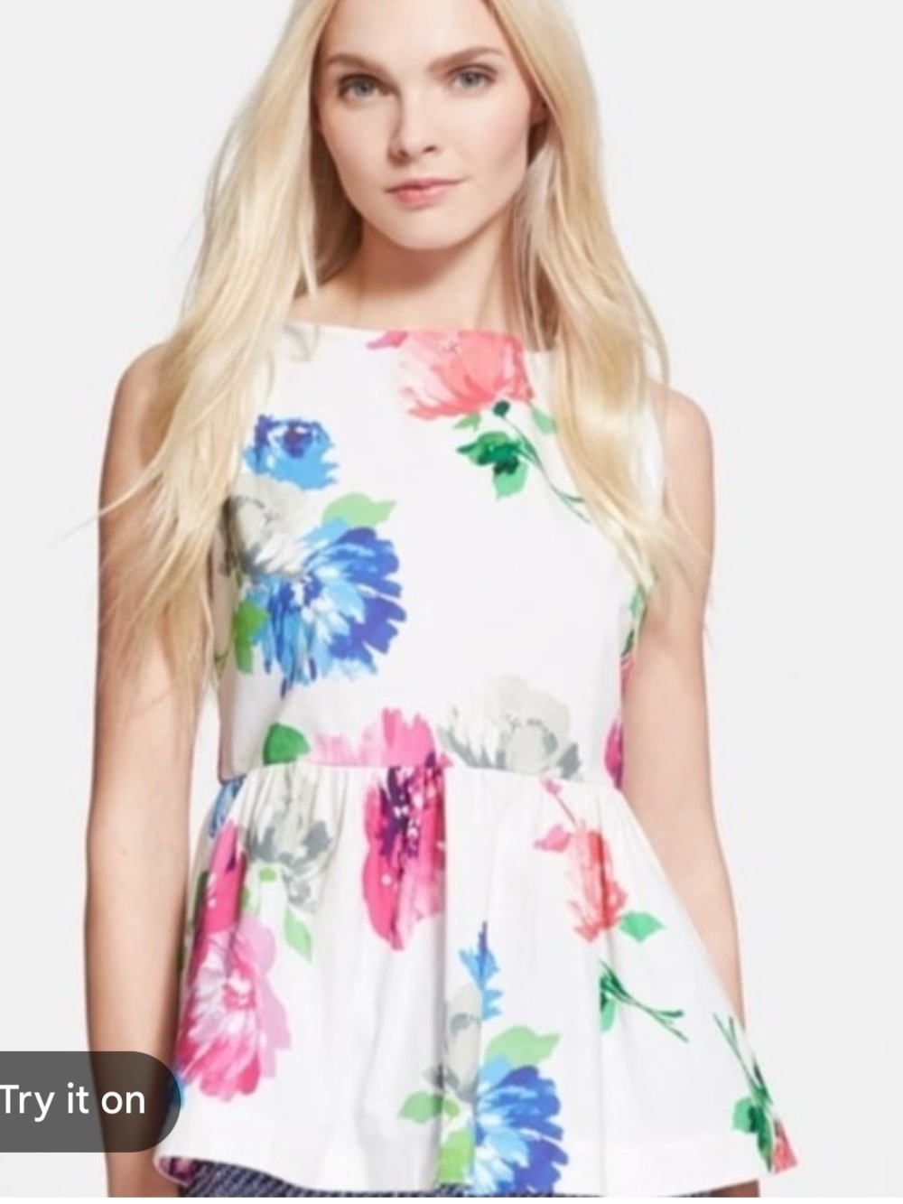 kate spade White Peplum Tunic with Pink, Blue & Green Floral Print